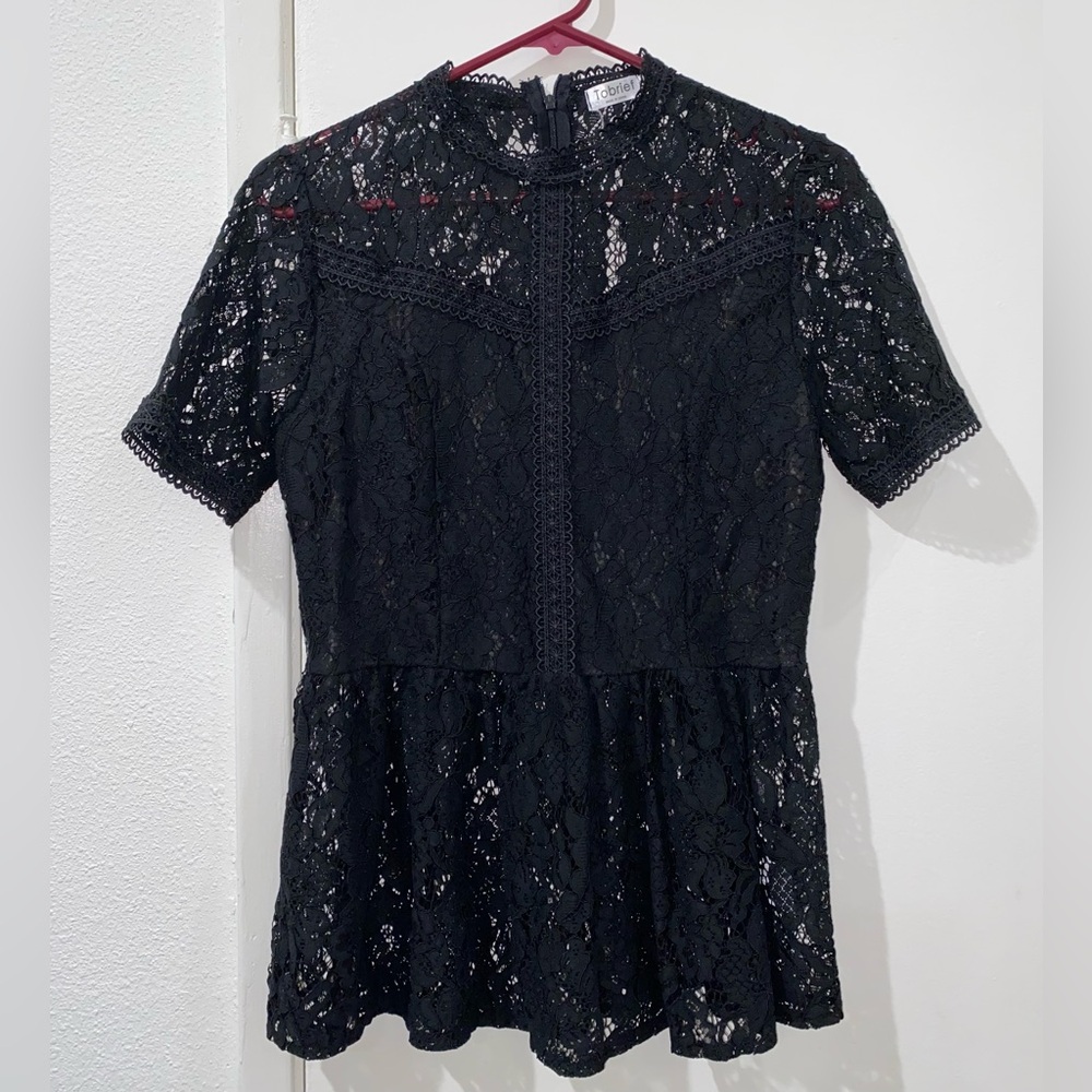 Black Lace Peplum Blouse with Short Sleeves and Mandarin Collar